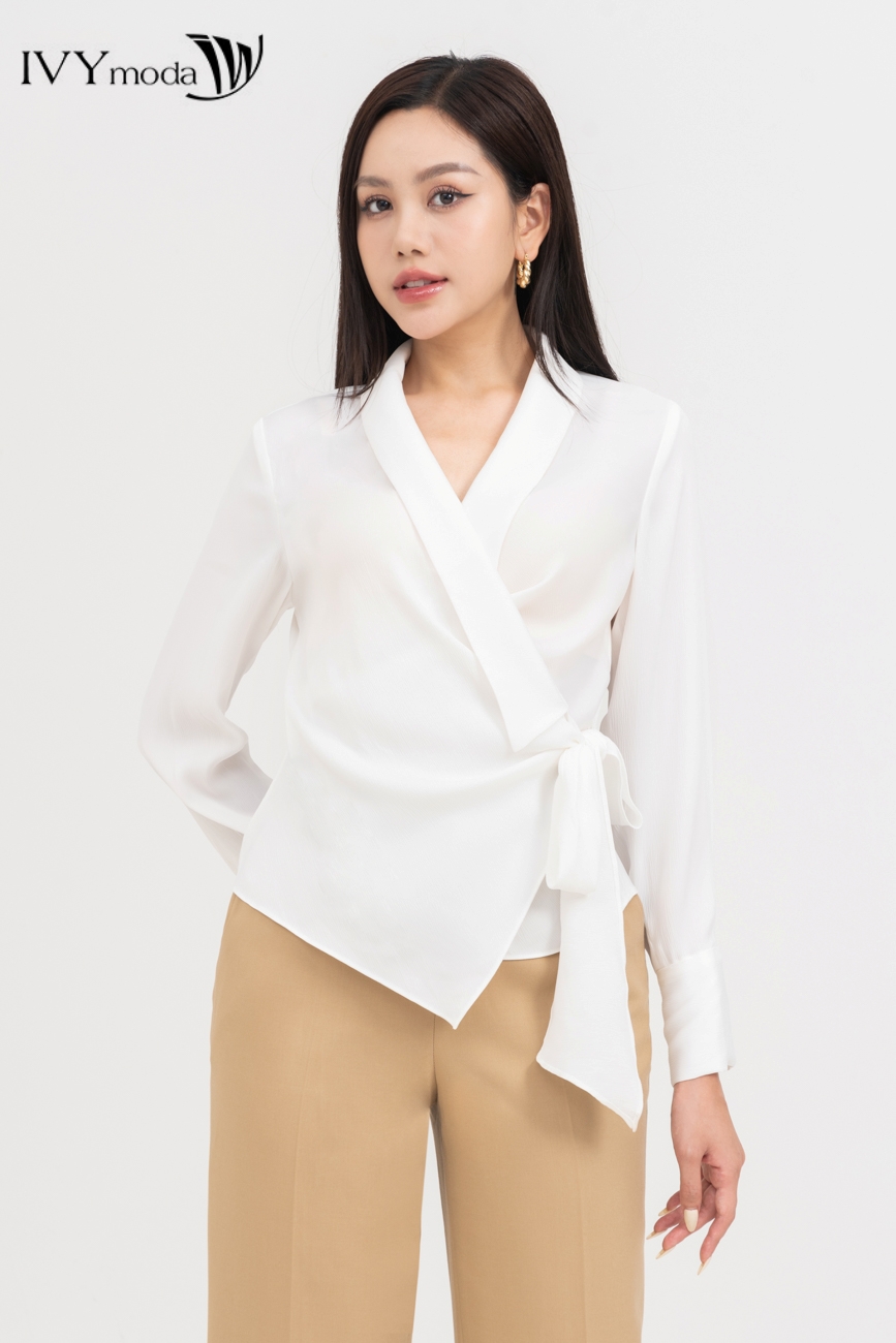 Áo sơ mi lụa cổ v kèm nơ eo ivy moda ms 17b9512