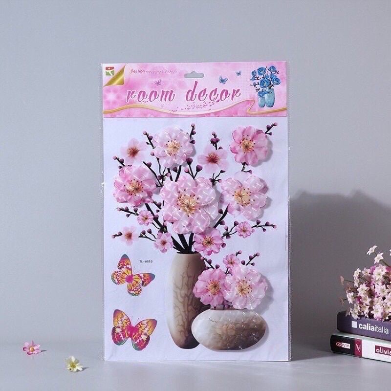 Tranh dán tường, decal dán tường bình hoa 3d