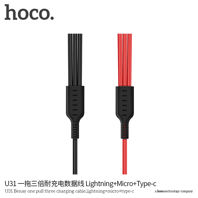 Cáp Hoco U31 (3 Đầu Lightning/Micro/Type-C) Bọc dù chống đứt sạc nhanh.