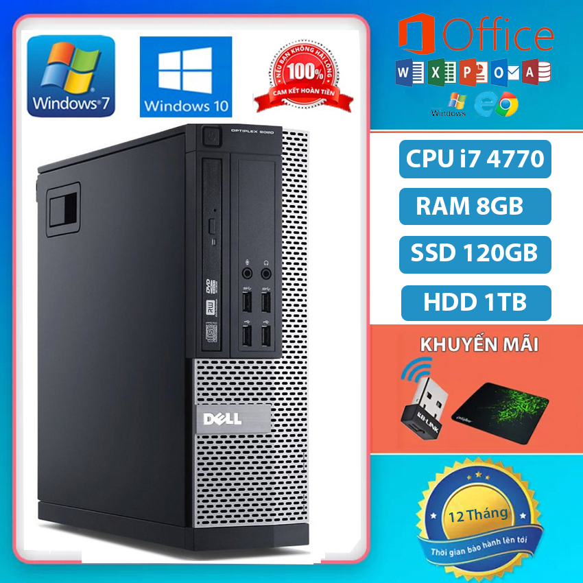 Case máy tính đồng bộ, Máy tính để bàn DELL Optiplex 3020/9020 CPU i7 4770 Ram 8GB, Ổ cứng SSD 120GB HDD 1TB, Cây máy tính để bàn. Máy tính văn phòng, học tập Tặng USB Thu Wifi và bàn di chuột. Bảo hành 12 tháng