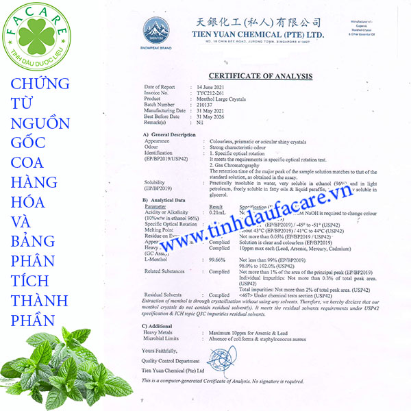 [HCM] Tinh Thể Bạc Hà - Menthol Large Crystal 1Kg