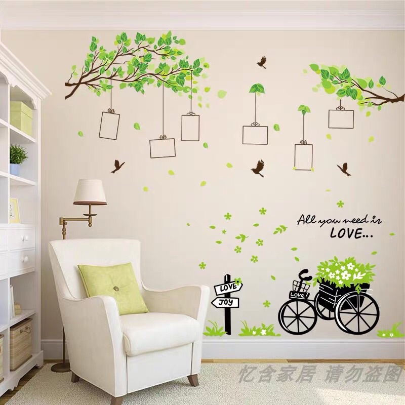 Combo 2 tranh decal dán tường cây khung ảnh và xe đạp xanh
