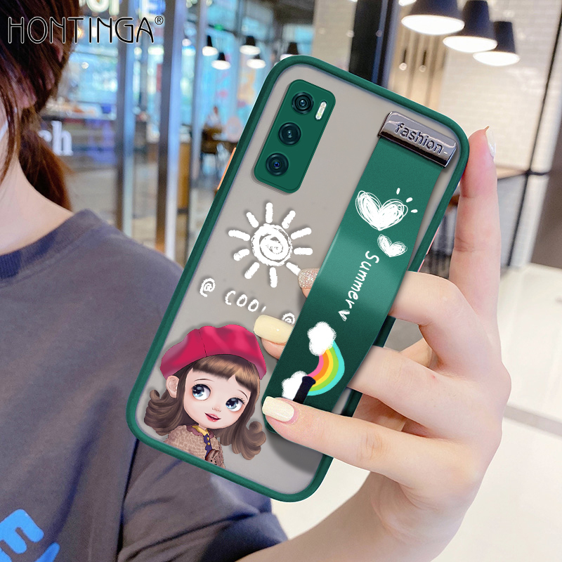(With Wristband)Hontinga Casing Case For VIVO V20SE V20 SE Case Cartoon Red Hat Girl's Shockproof Frosted Back Full Lens Camera Protector Transparent Phone Case Hard Case For Girls