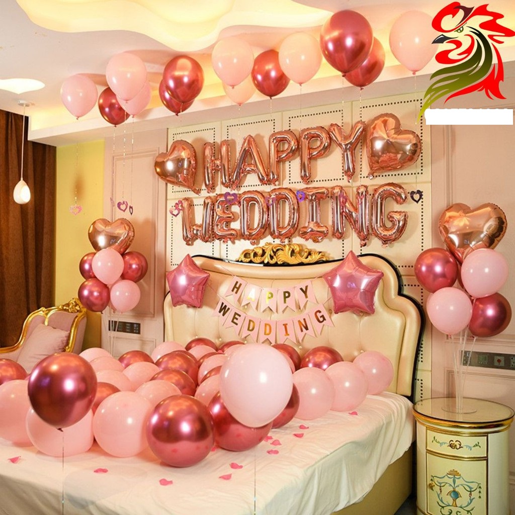 [TẶNG BƠM + BĂNG KEO] Set bóng trang trí phòng cưới kèm bóng siêu nhũ kèm ruy băng