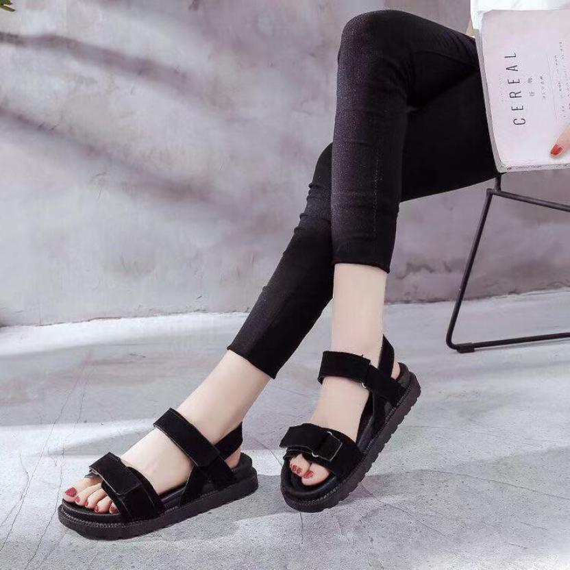 Xăng đan nữ quai da lộn Bi Shop (Đen & Hồng) giá rẻ