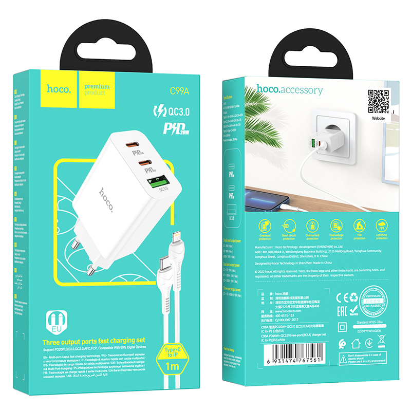 Bộ sạc nhanh pd20w/18w hoco c99a gồm 1 cổng usb và 2 cổng type-c cho iphone, micro, type c dây dài 1m