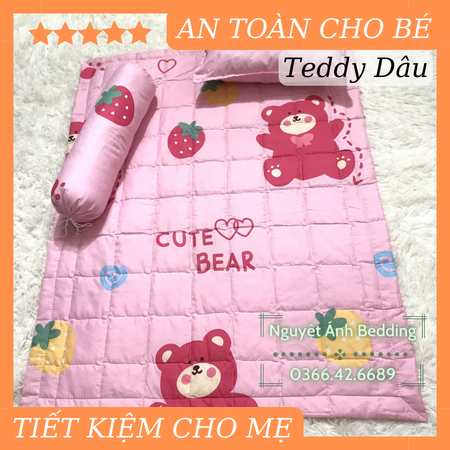 Bộ chăn gối cho bé set mền đắp cho bé cute mẫu Teddy dâu