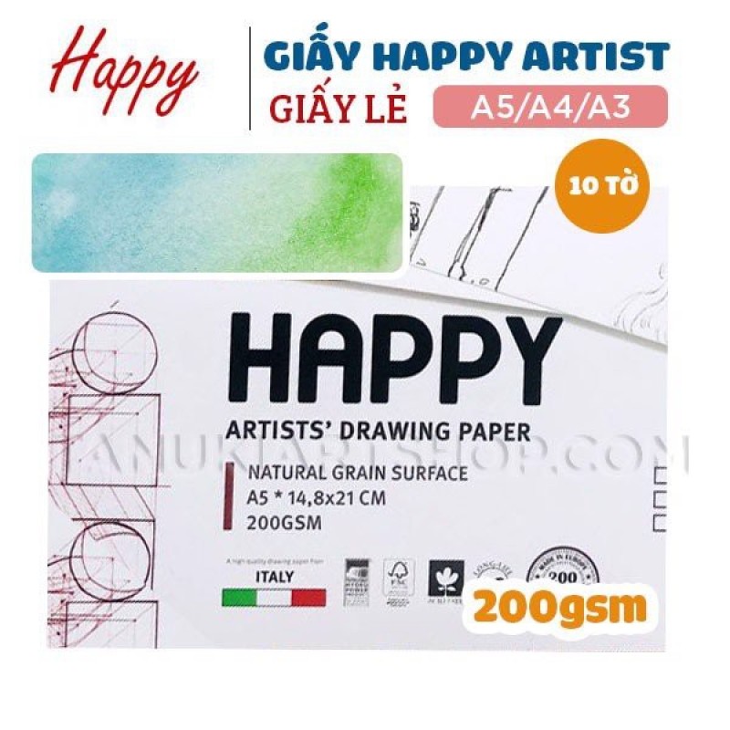 Giấy Happy Artists Drawing (tập 10 tờ) size A3, A4, A5( 200gsm)