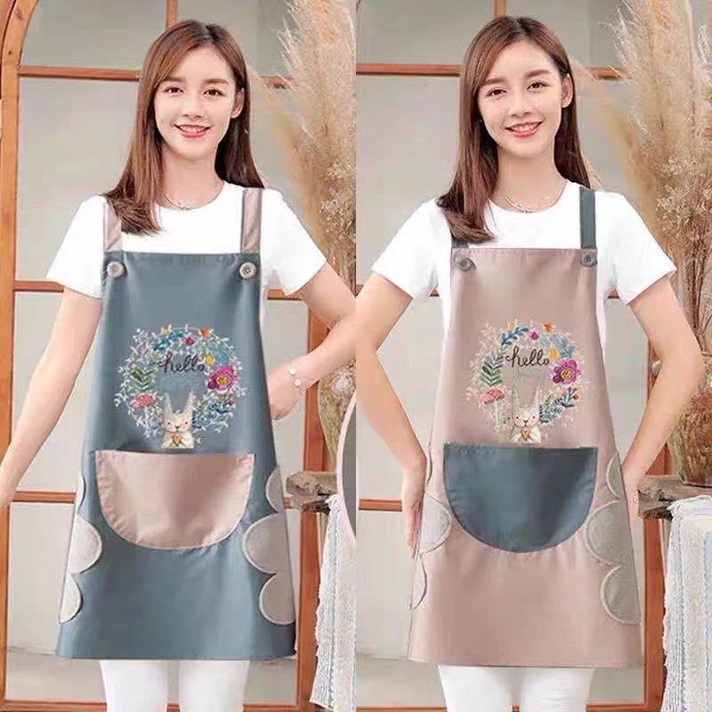 Tạp dề chống nước hình thỏ màu sắc xanh và hồng pastel rất xinh, hoạ tiết hoa thỏ dễ thương, Tạp dề phục vụ nhà bếp