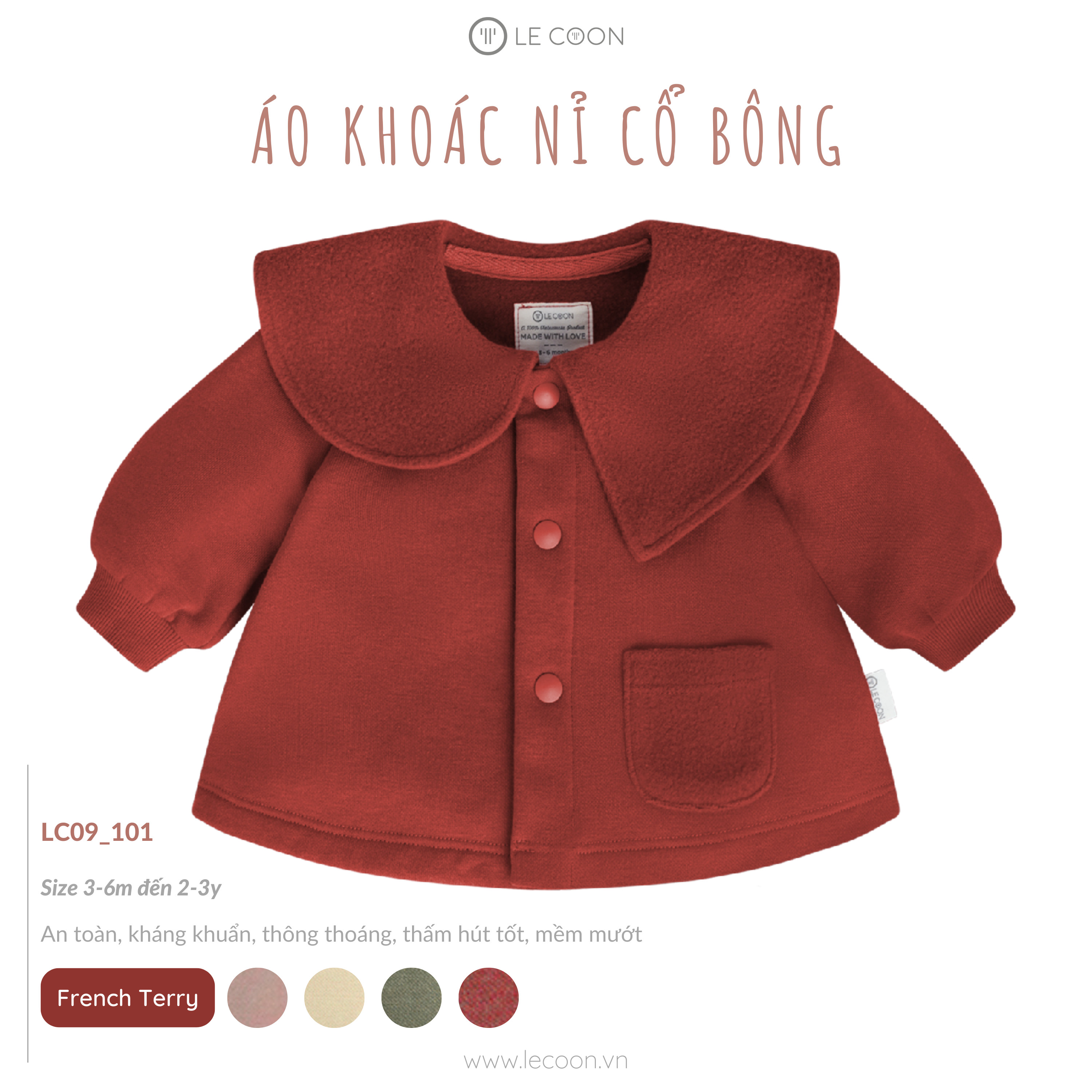 Áo Khoác Nỉ Cổ Bông Le Coon Cho Bé(Size 3-6 Tháng đến 24-36 Tháng)
