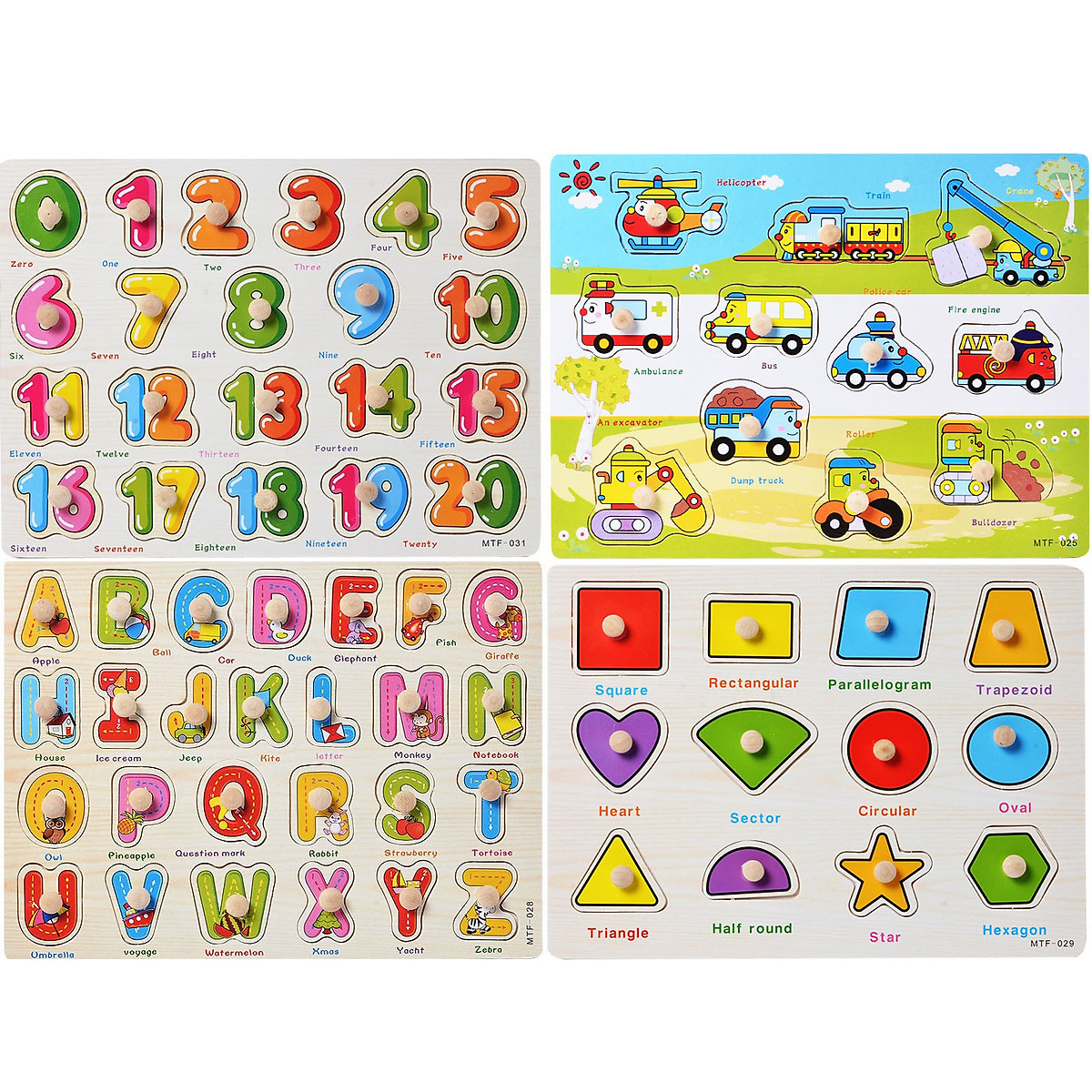 COMBO 4 bảng ghép hình núm gỗ(Giao thông, hình học, Chữ, Số)