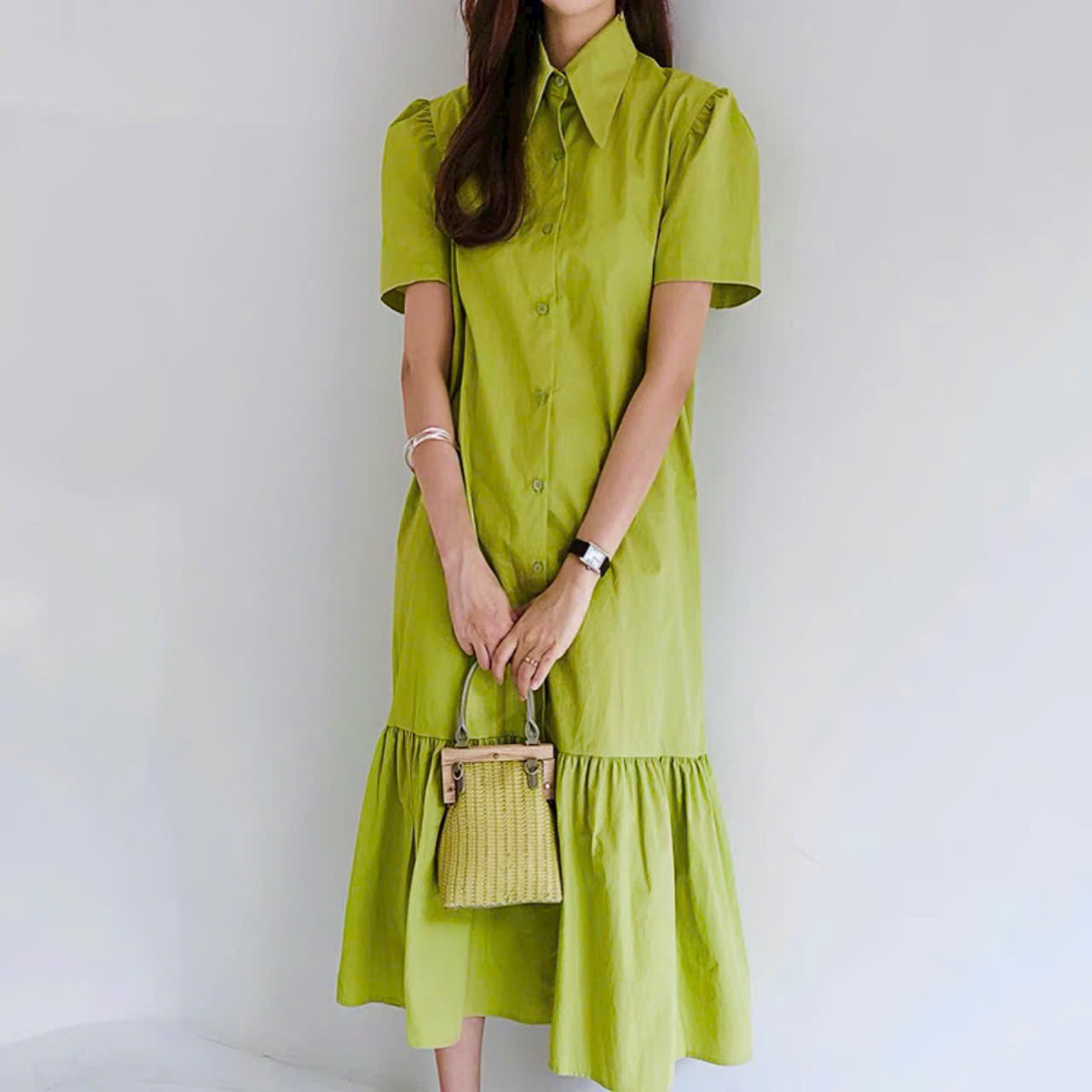 Đầm nữ sơ mi xanh bơ đuôi cá