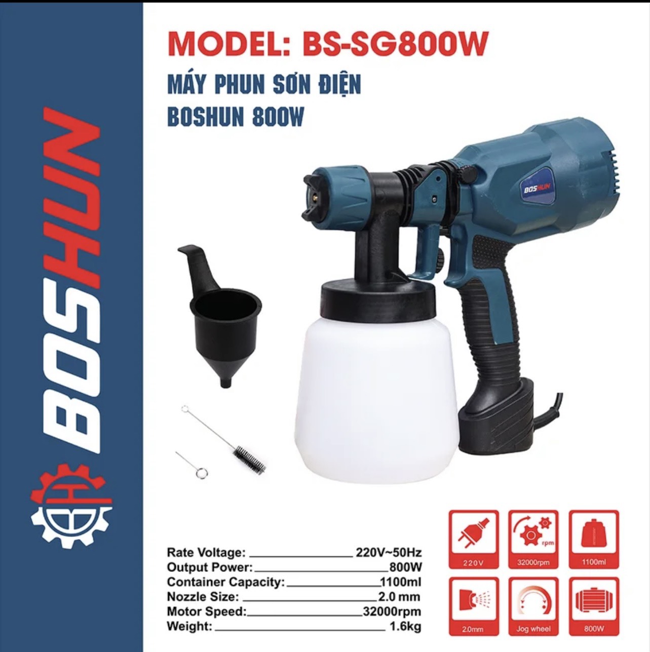 [ Bảo hành chính hãng 12 tháng ] Máy phun sơn cầm tay BOSHUN - Công suất khỏe 800W - Máy phun sơn dùng điện 220V - Dung tích bình 800 ML - SPRAY G U N
