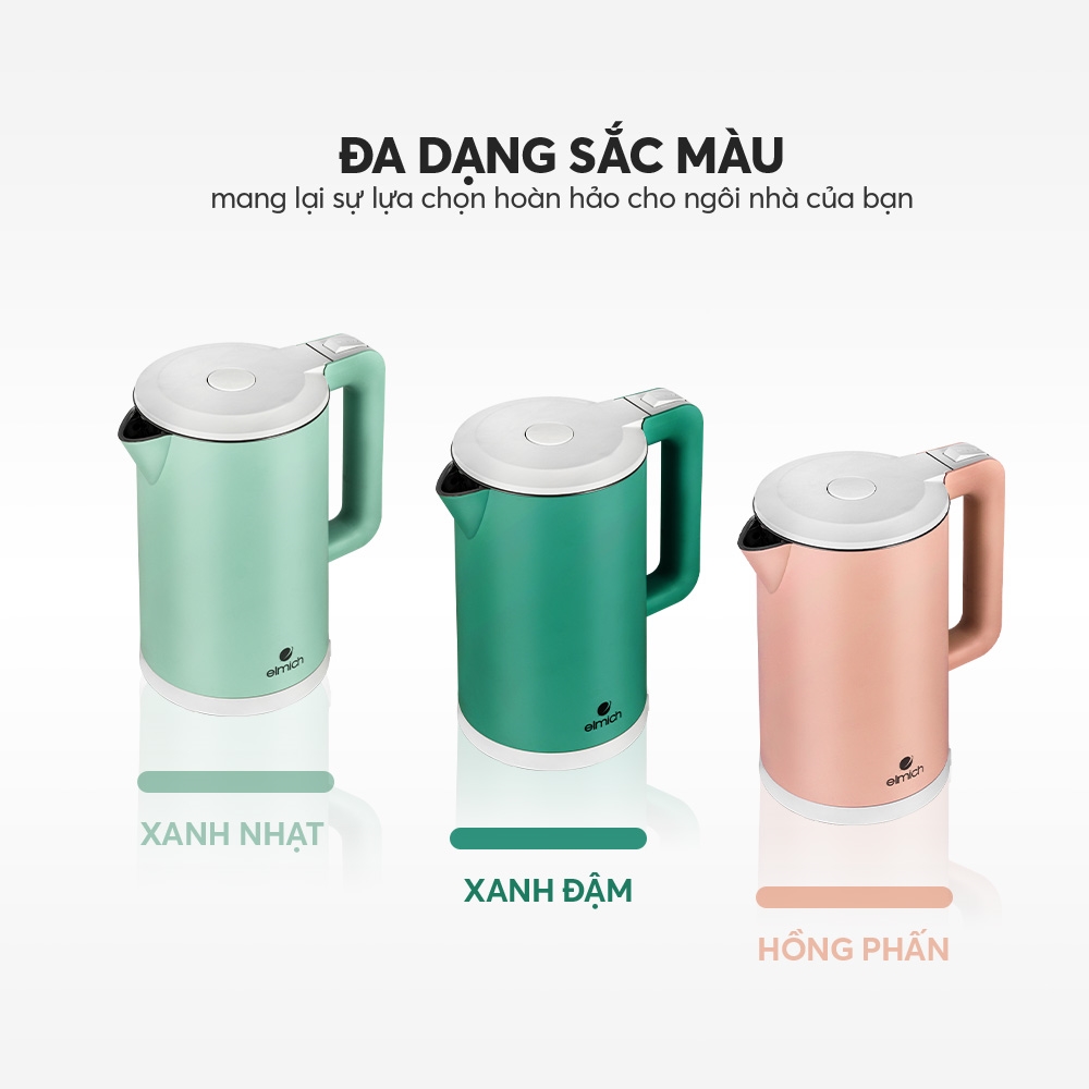 Ấm đun nước siêu tốc Elmich 1,7L KEE 1774 (Mầu Xanh Nhạt, Xanh Đậm, Hồng, Công suất 2.200W, Bảo hành 24 tháng)