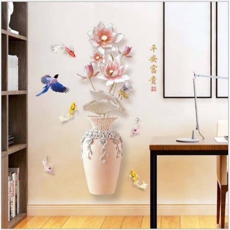 Decal dán tường bình hoa sen hồng