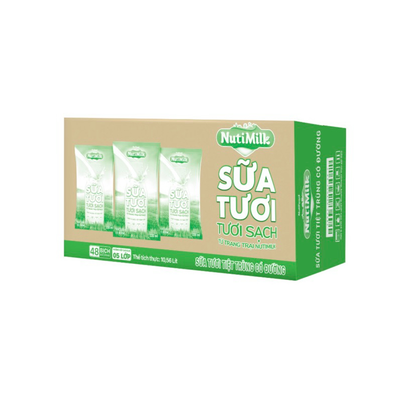 Thùng 48 bịch nutimilk sữa tươi tươi sạch có đường 220ml/bịch-tuh