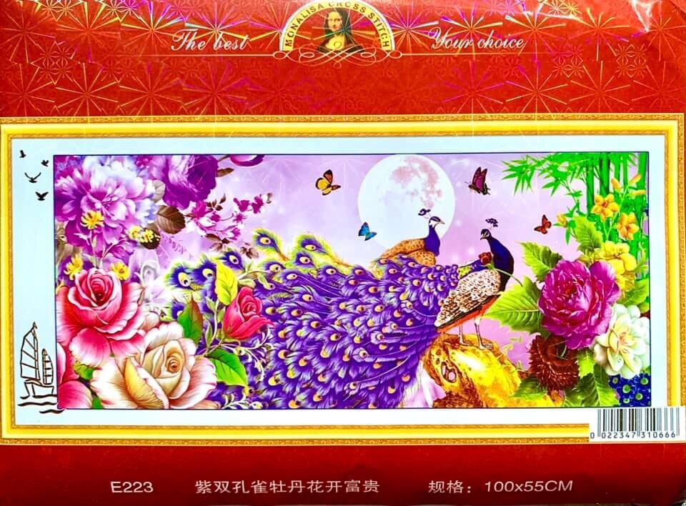 Tranh thêu chữ thập đôi công hoa khai phú quý Tranh thêu chữ thập Phu Thê Viên Mãn E223 - KT:(100x57)cm