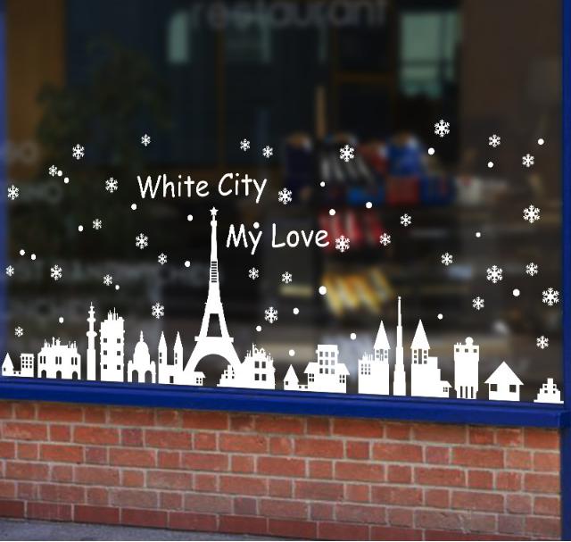 [HCM]Decal trang trs tường Noel - Thành Phố Tháp lớn WHITE CITY hoa tuyết. Decal in trên chất liệu PVC có keo sẵn ở mặt sau chỉ cần lột ra và dán có thể lau chùi bằng nước công nghệ in rõ nét không bay màu
