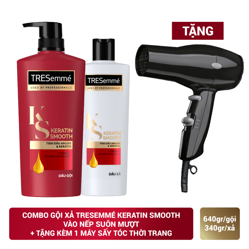 Combo Dầu gội 640Gr và Dầu Xả 340Gr TRESemmé Keratin Smooth Tinh Dầu Argan Vào Nếp Suôn Mượt, tặng kèm Máy sấy tóc thời trang nhập khẩu
