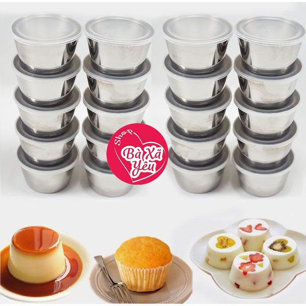 Bộ 20 khuôn làm bánh flan inox 304 có nắp nhựa khít tặng kèm 50 khuôn nhựa