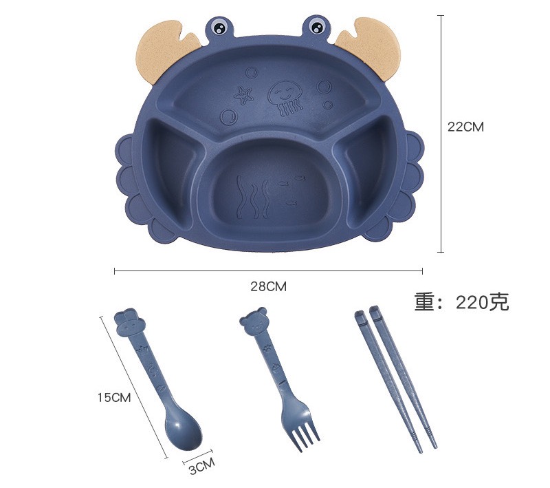Khay ăn dặm cho bé, khay cơm bằng lúa mạch hình con cua (kèm thìa, dĩa, đũa) BK008