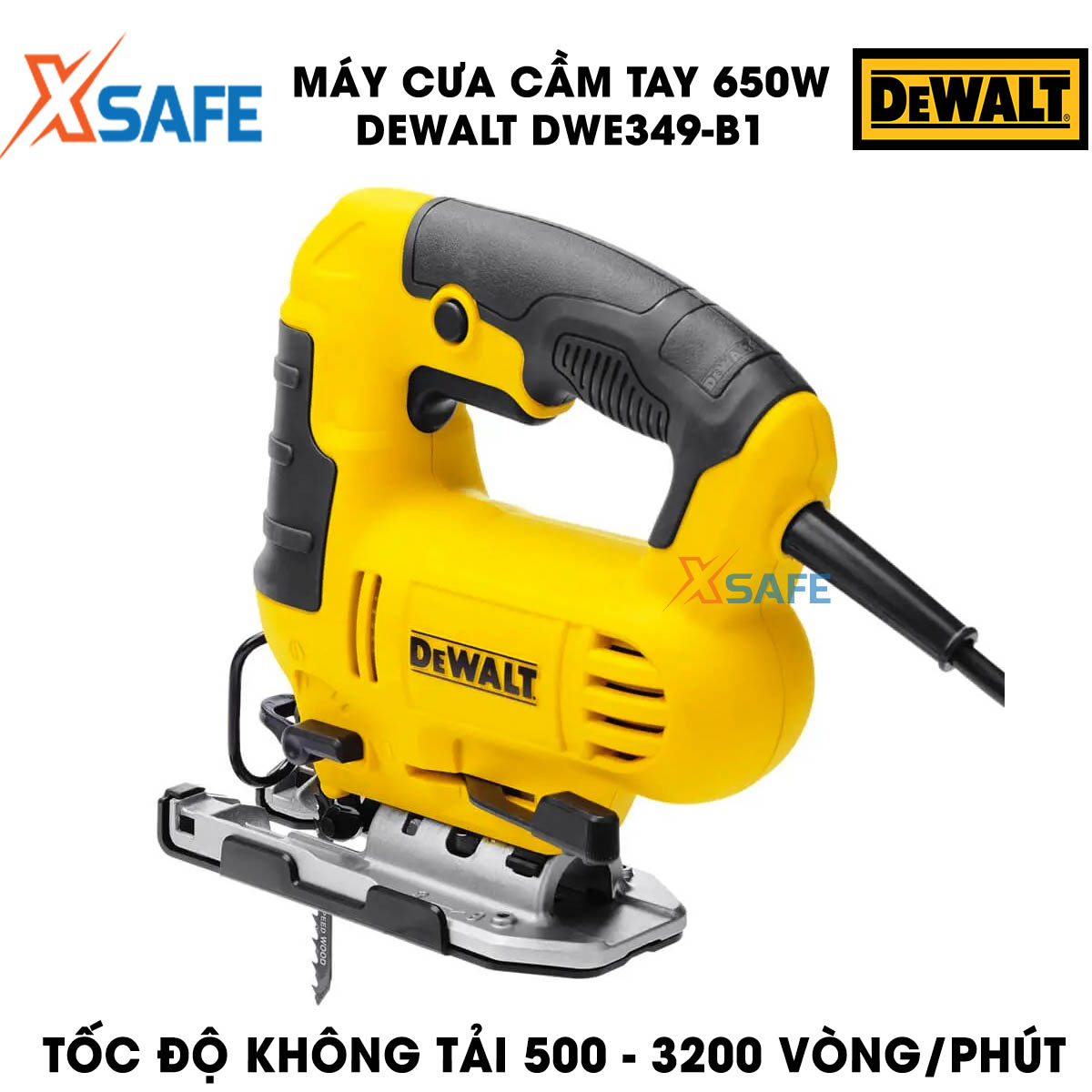 Sawing Machine handheld 650W DeWalt dwe349-b1 multi speed level. Machine saw DeWalt equipped with LED light support, smart design right compartment contains blade, ability to saw wood 75mm iron 5mm, genuine warranty 3 years-product genuine XSAFE