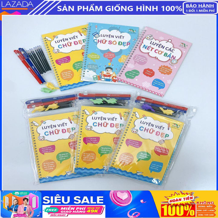 Combo 3 Vở Luyện Viết Chữ, Số, Nét Cơ Bản Tự Xóa Thần Thánh Cho Bé - Tặng Kèm Bút Mực Bay Màu (2Bút + 8Ngòi)