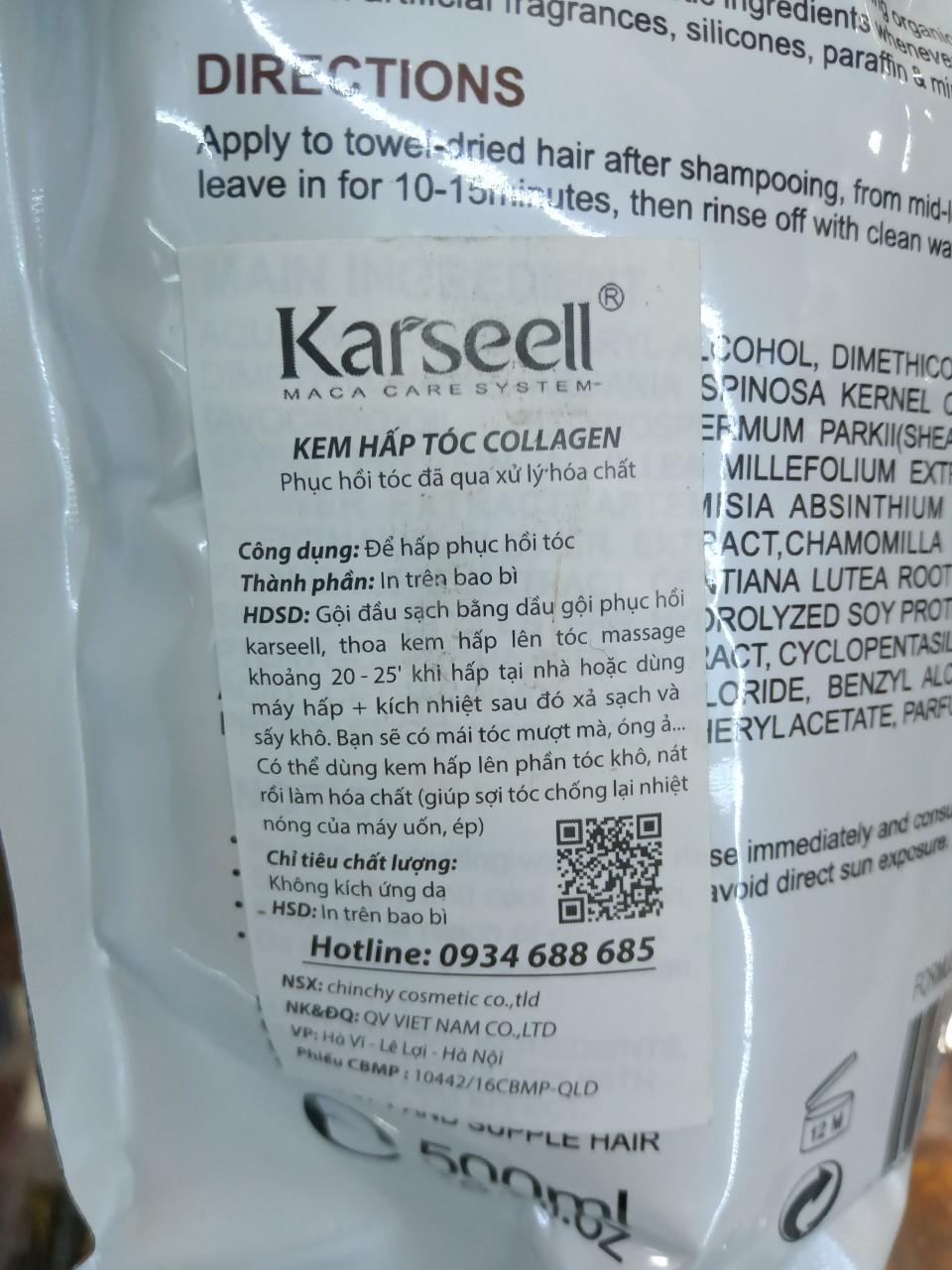 Kem Hấp  Phục Hồi Tóc Collagen Karseell Maca Dạng Túi 500ML