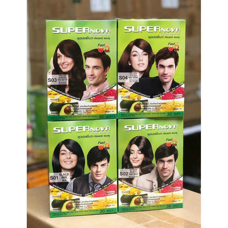 (Hộp 12 gói) Dầu Gội Nhuộm Tóc Thảo Dược Phủ Bạc Super Nova
