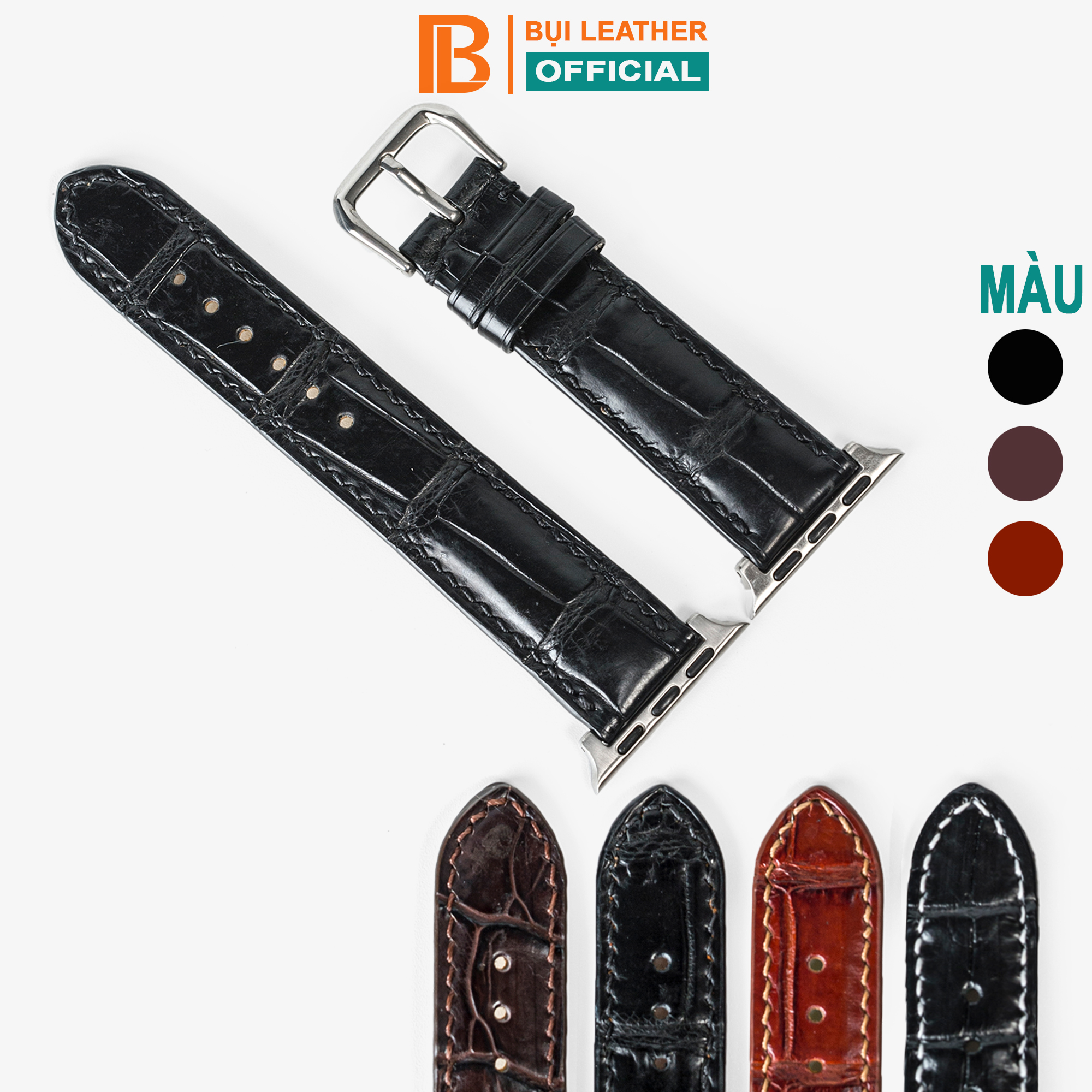 Dây apple watch da cá sấu đốt tre D108-da thật-khâu tay thủ công cao cấp, dây đeo apple watch series 3-series 4-series 5-series 6-se size 38mm-40mm-42mm-44mm, tặng tháo chốt, thương hiệu Bụi leather chuyên đồ da thật, bảo hành 12 tháng