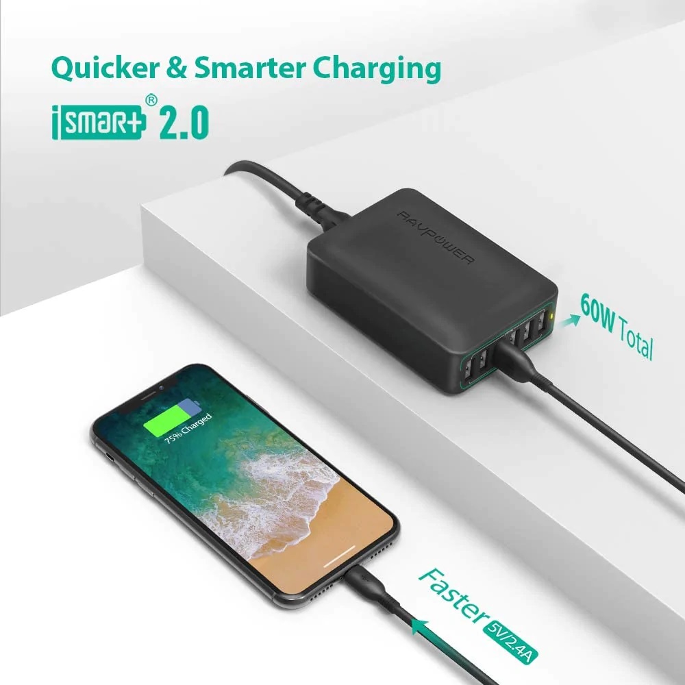 Sạc tường Ravpower RP-PC028 60W 12A 6 cổng USB