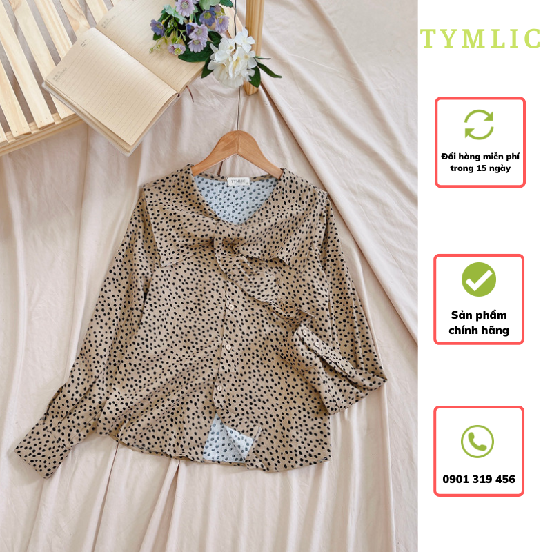 Áo sơ mi tay dài chấm bi cổ nơ linen tymlic