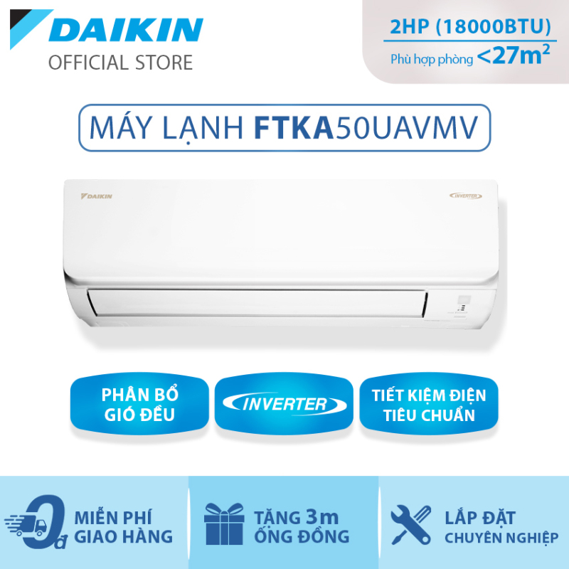 Bảng giá Máy lạnh Daikin Inverter FTKA50UAVMV 2HP (18000BTU) - Tiết kiệm điện - Luồng gió Coanda - Độ bền cao - Chống Ăn mòn - Chống ẩm mốc - Làm lạnh nhanh - Hàng chính hãng