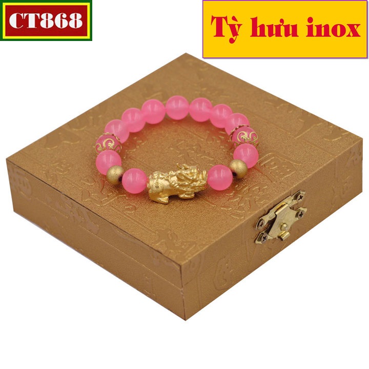 Vòng đeo tay đá thạch anh hồng phấn 10 ly tỳ hưu inox vàng 2 bi 2 khía vtahpthvhkhb10 + hộp gỗ