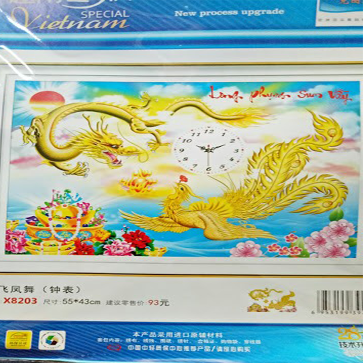 Tranh thêu chữ thập long phụng sum vầy đồng hồ X8203