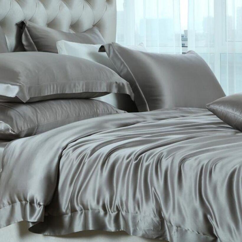 [HCM]Bộ Chăn Ga Gối Phi Lụa Cao Cấp 5 Món Lan Pham Bedding Màu Xám