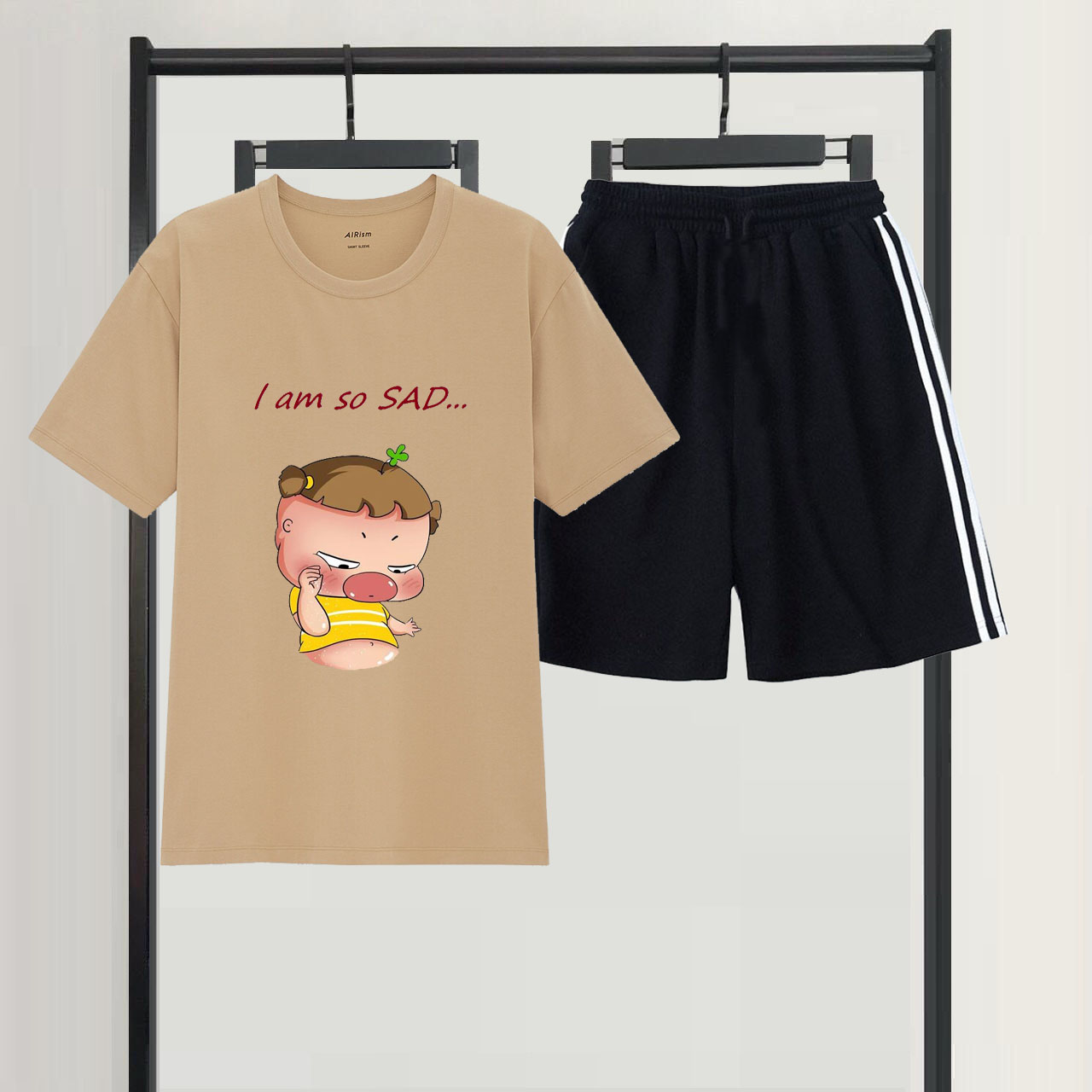 Sét Bộ Đùi Mùa Hè Nữ Xinh Cute Mặc Đi Chơi Dạo Phố, Chất Liệu Áo Cotton Organic Ngắn Tay Cổ Tròn In 3D I Am So Sad Cute Kèm Quần Đùi Ba Sọc
