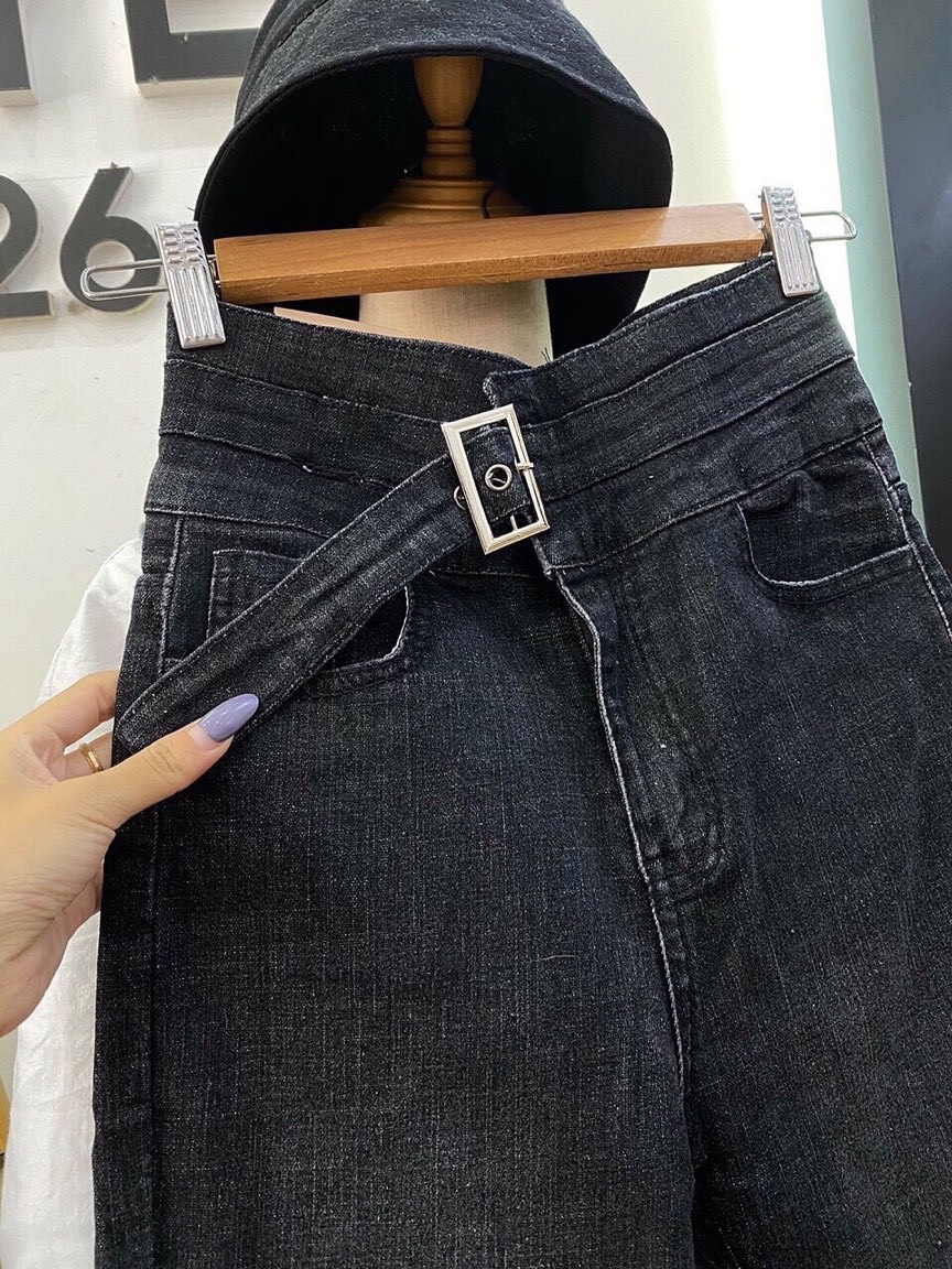 Quần Jean Nữ Lưng Cao màu XÁM CÓ THẮT LƯNG NHƯ HÌNH siêu đẹp chất jean giãn tốt--d5/26