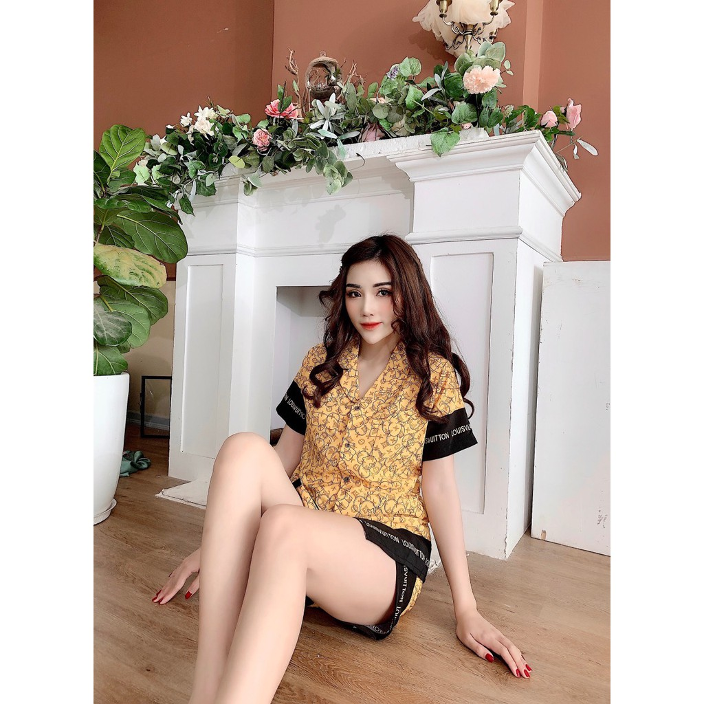 Đồ ngủ pijama lụa phối viền chân cộc đùi, bộ ngủ lụa nữ, bộ lụa cộc tay, bộ lụa cao cấp