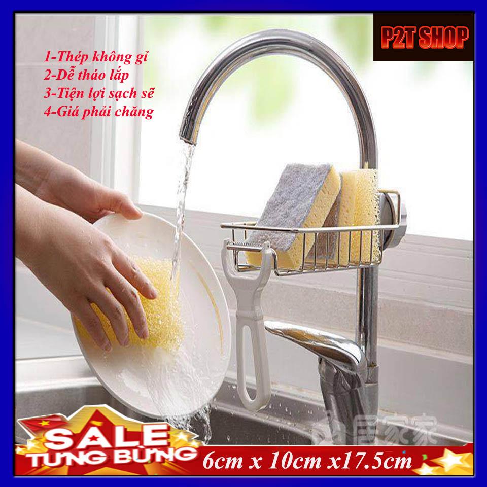 (XẢ KHO 3 NGÀY) Giá inox để búi rửa bát kẹp vòi nước, giá để búi rửa bát trên bồn rửa kt 18x10x6cm tặng Kèm  búi rửa bát