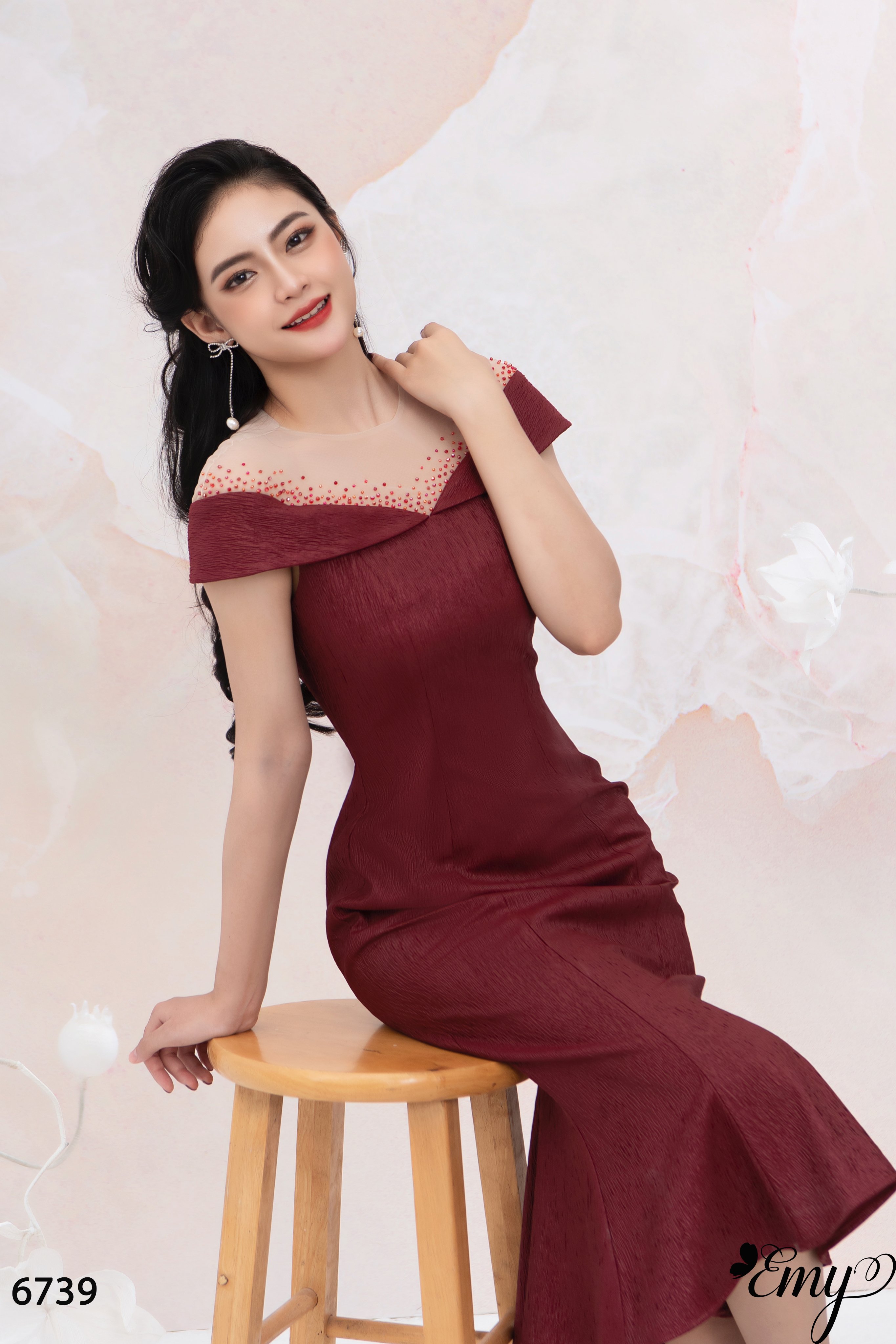 Đầm EMY EM6739 Body Đuôi Cá Phối Lưới