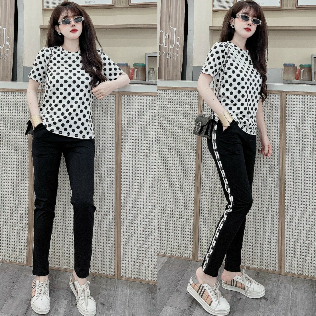 Đồ bộ thể thao thun cotton chấm bi