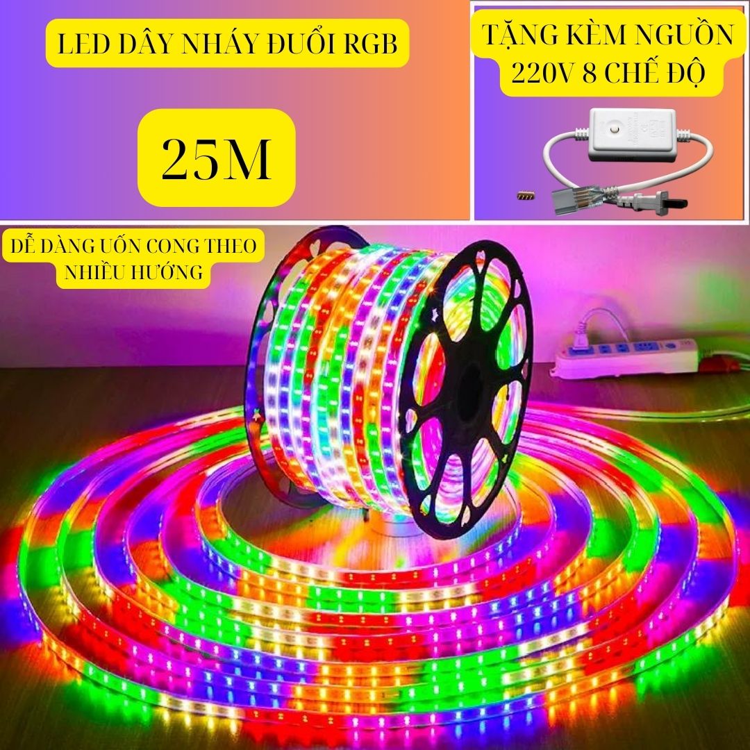 Dây Led Nháy Đuổi RGB CHIP 2835 220v trang trí decor Tặng kèm nguồn điều khiển 8 chế độ