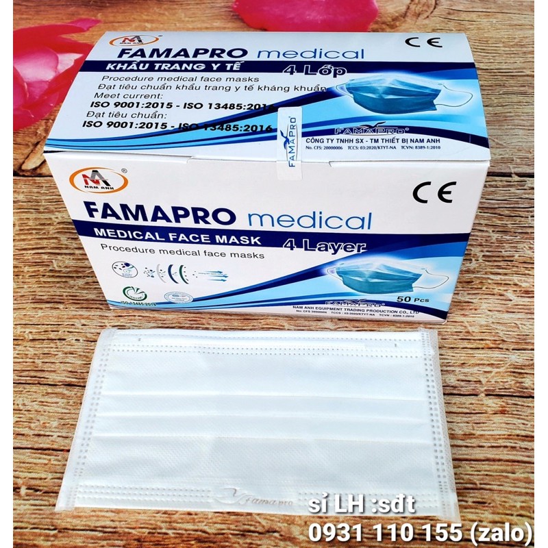 Hộp 50 cái Khẩu trang y tế 4 lớp giấy kháng khuẩn Famapro Nam Anh
