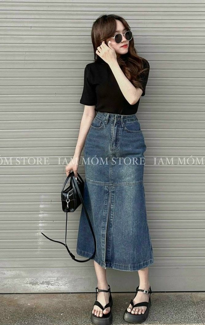 Chân váy jean denim dáng dài , váy bò, dáng chữ A, lưng cao, xẻ tà, cạp cao, 2 túi trước 3 size S M L