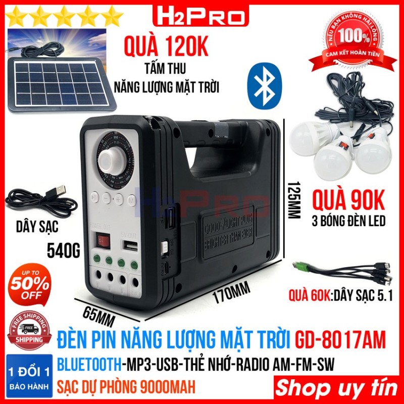 Đèn pin năng lượng mặt trời GD-8017AM H2Pro cao cấp đa năng Bluetooth-radio-Mp3-pin sạc dự phòng 9000mah ( tặng bộ quà 270K:3 bóng đèn + 1 tấm pin năng lượng mặt trời + 1 dây sạc 5 trong 1)