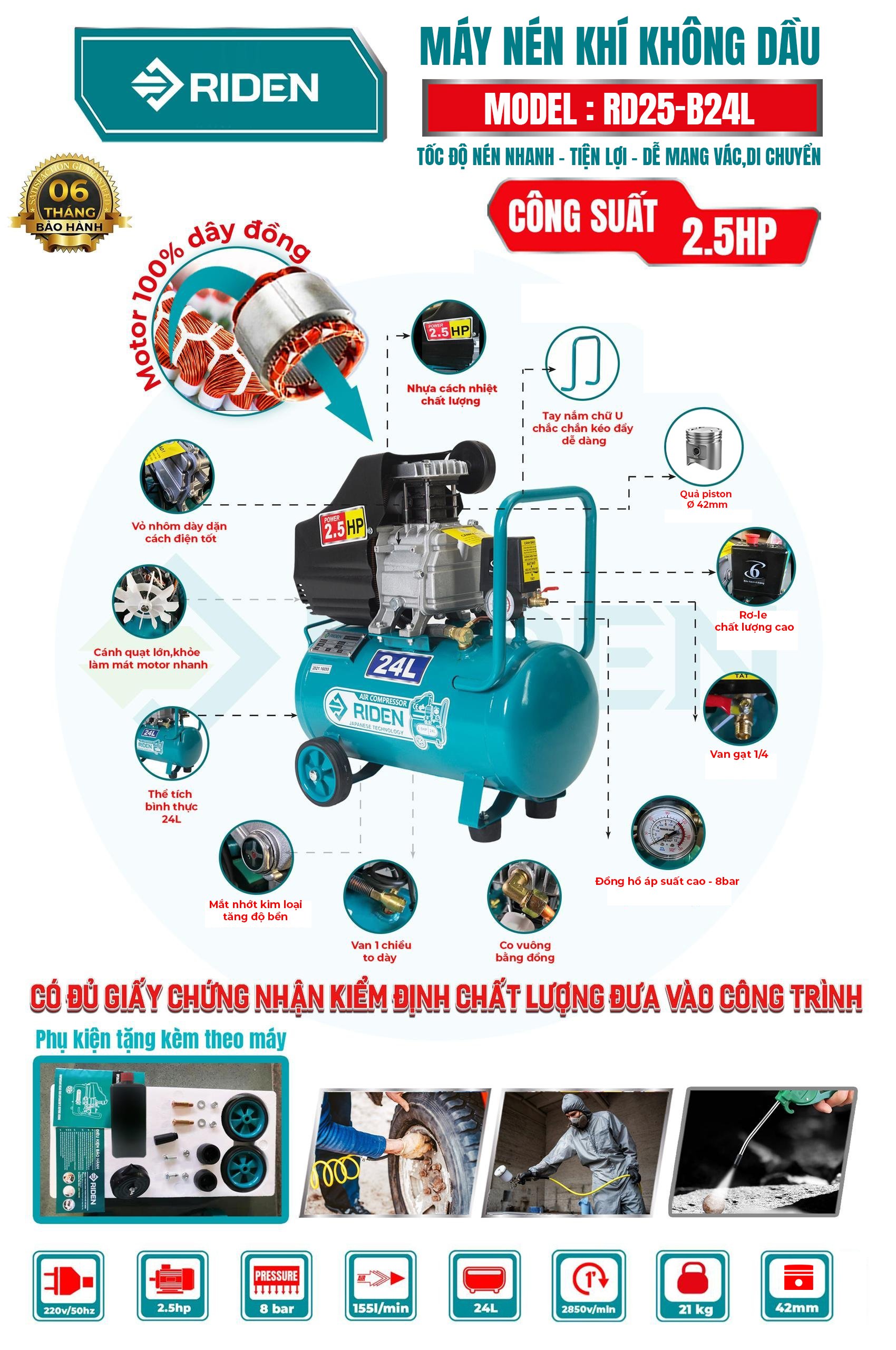 Máy nén khí bình 24l,motor đồng có dầu,cs2.5hp,tốc độ 2850v/phút, hiệu riden rd25-b24l