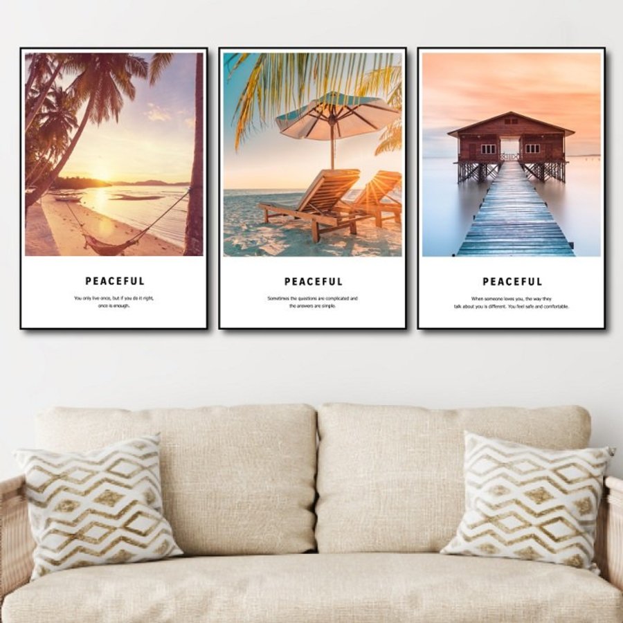 Bộ 3 tấm tranh canvas treo tường phong cảnh biển có khung khổ lớn tranh bộ 3 bức trang trí phòng khách sạn đẹp
