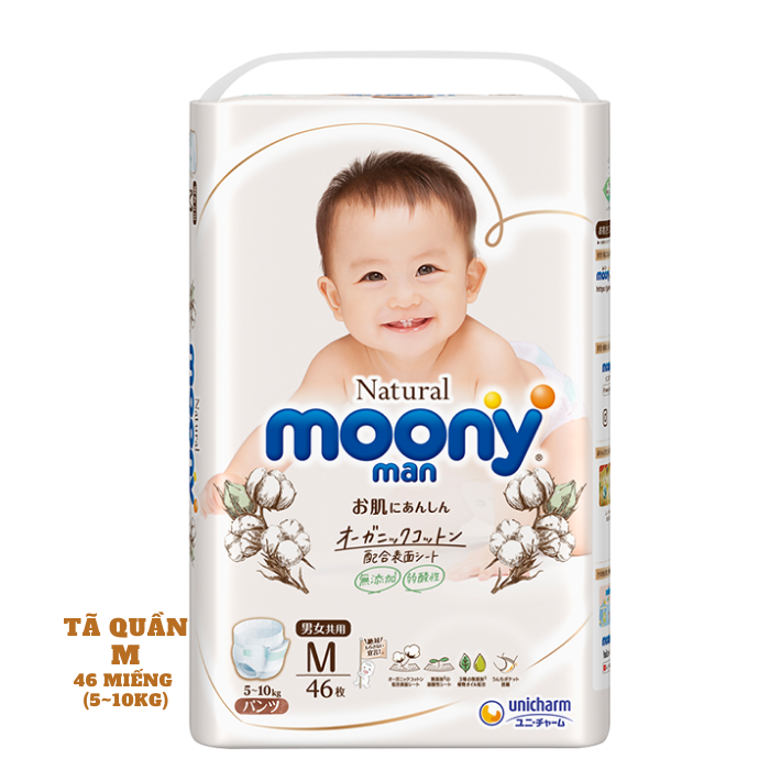 Tã / Bỉm Quần Moony Natural Size M46(5-10kg), L 36(9-14kg), XL 32(12-22kg))