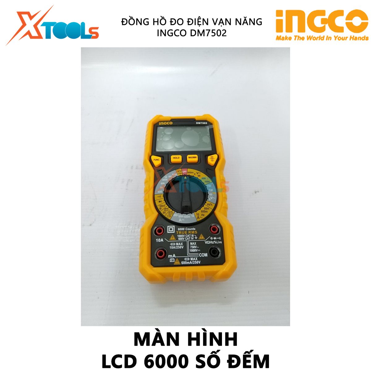 Đồng hồ vạn năng INGCO DM7502 Đồng hồ đo điện vạn năng LCD, số đếm 6000 đo điện áp, dòng điện AC/DC, đo tần số và nhiệt độ